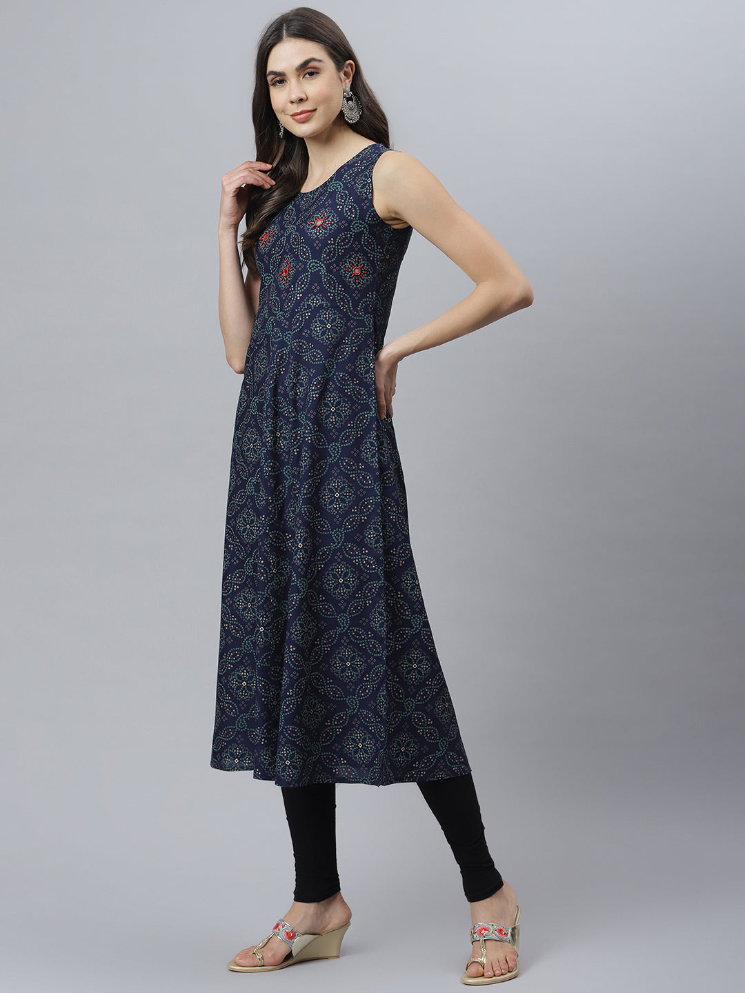 Stylum Women's Bandhani Print Rayon Flared Kurta (Vivoblue)