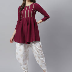 Stylum Women's Embellished Rayon Pleated kurta Dhoti Pant Set (Winedhotiset)