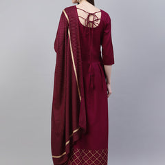 Stylum Women's Gold Print Rayon Flared Kurta Dupatta Set (Winetrianglekdset)