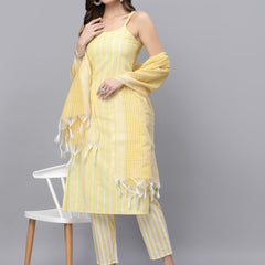 Stylum Women's Woven designed Cotton Blend Straight Kurta Pant Dupatta Set (YLWMELODY)