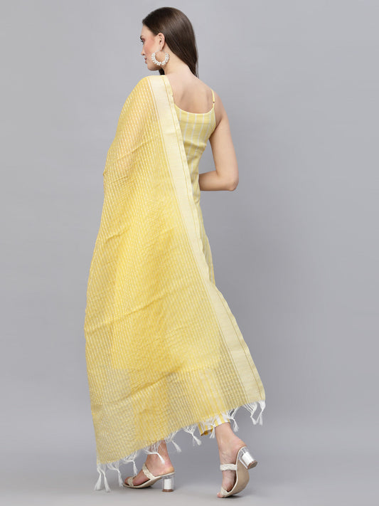 Stylum Women's Woven designed Cotton Blend Straight Kurta Pant Dupatta Set (YLWMELODY)