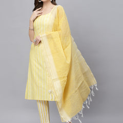 Stylum Women's Woven designed Cotton Blend Straight Kurta Pant Dupatta Set (YLWMELODY)
