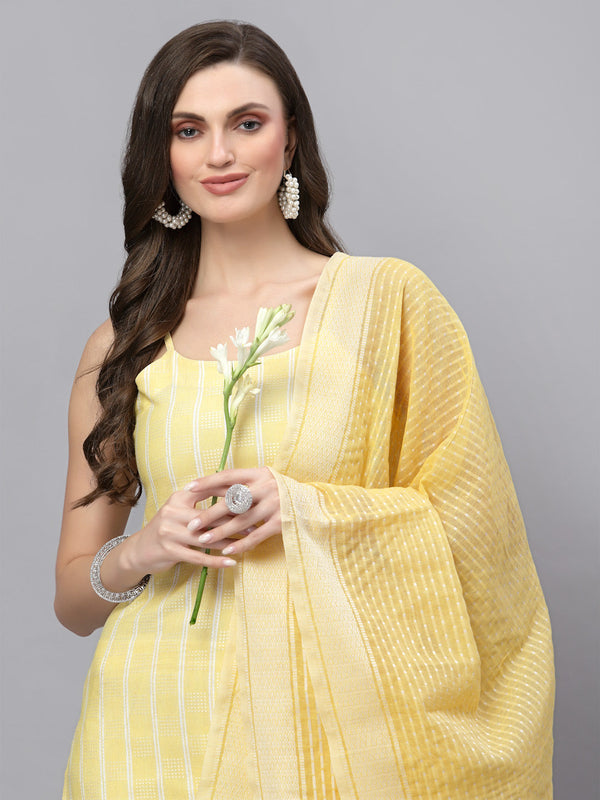 Stylum Women's Woven designed Cotton Blend Straight Kurta Pant Dupatta Set (YLWMELODY)