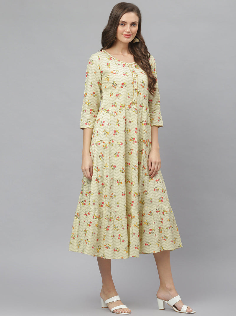 Stylum Women's Floral Printed Rayon Tiered kurta (ZINGYBEIGE)