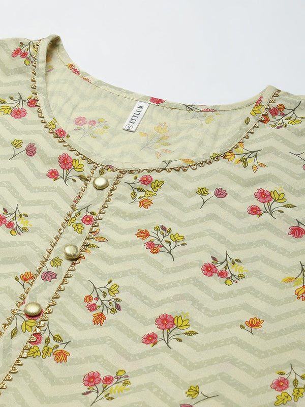 Stylum Women's Floral Printed Rayon Tiered kurta (ZINGYBEIGE)