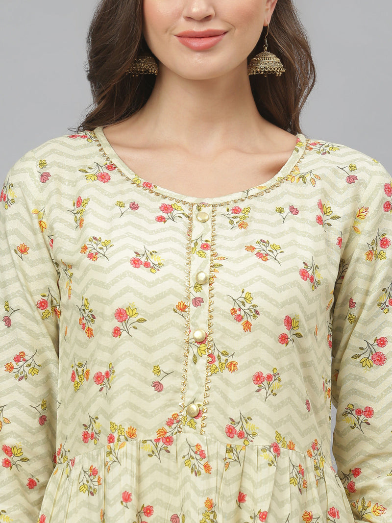 Stylum Women's Floral Printed Rayon Tiered kurta (ZINGYBEIGE)